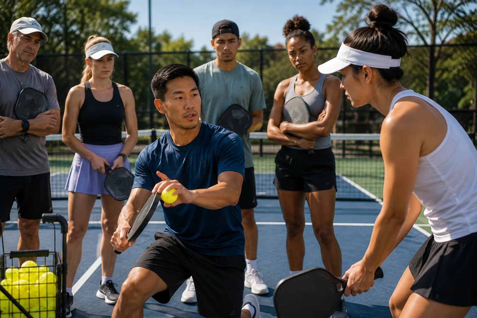 Coach demonstrating pickleball technique to players